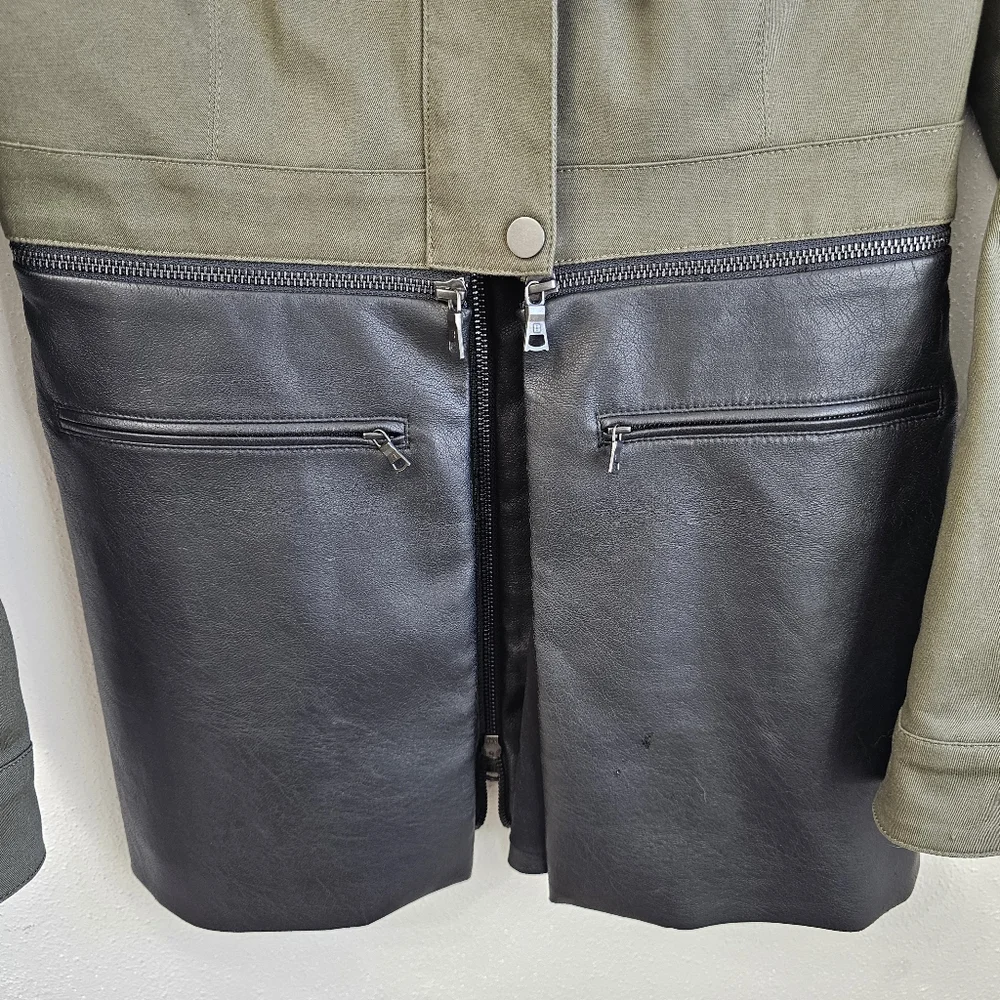 BCBGMAXAZRIA Military Jacket Faux-Leather-Peplum Olive Drab  Size XS